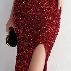 One-Shoulder Sequined Beaded Fishtail Maxi Dress