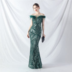 Off-Shoulder Backless Sequined Lace-Up Maxi Dress