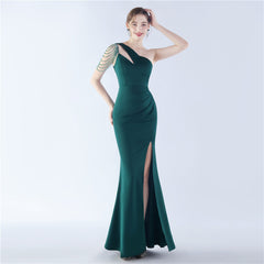 Beaded One-Shoulder Diagonal Collar Maxi Dress