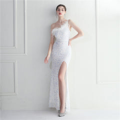 Ostrich Feather One-Shoulder Sequined Maxi Dress