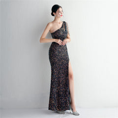 One-Shoulder Sequined Beaded Fishtail Maxi Dress