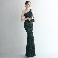 One-Shoulder Sequined Fishtail Split Maxi Dress