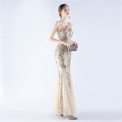 Ostrich Feather Sequined One-Shoulder Maxi Dress