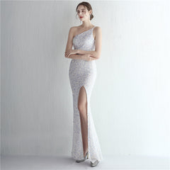 One-Shoulder Sequined Fishtail Split Maxi Dress