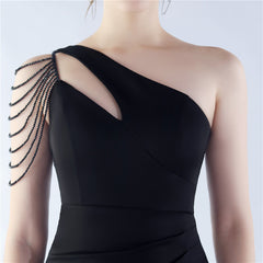 Beaded One-Shoulder Diagonal Collar Maxi Dress