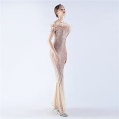 Off-Shoulder Ostrich Feather Sequin Maxi Dress