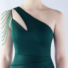 Beaded One-Shoulder Diagonal Collar Maxi Dress