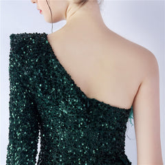 One-Shoulder Ostrich Feather Sequin Maxi Dress