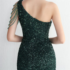 One-Shoulder Sequined Beaded Fishtail Maxi Dress