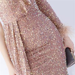 One-Shoulder Ostrich Feather Sequin Maxi Dress