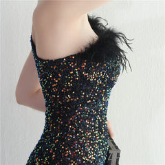 Ostrich Feather One-Shoulder Sequined Maxi Dress