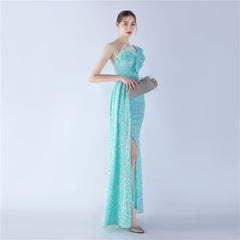 One-Shoulder Ostrich Feather Sequin Maxi Dress