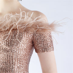 Off-Shoulder Ostrich Feather Sequin Maxi Dress