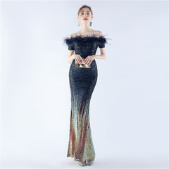 Off-Shoulder Ostrich Feather Sequin Maxi Dress