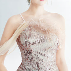 One-Shoulder Ostrich Feather Beaded Maxi Dress