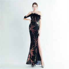 One-Shoulder Ostrich Feather Beaded Maxi Dress
