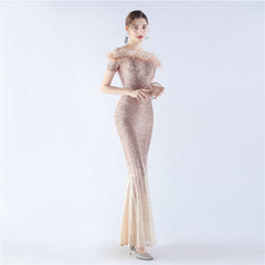 Off-Shoulder Ostrich Feather Sequin Maxi Dress