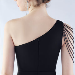 Beaded One-Shoulder Diagonal Collar Maxi Dress