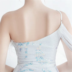 One-Shoulder Ostrich Feather Beaded Maxi Dress