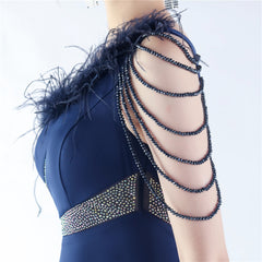 One-Shoulder Rhinestone Diagonal Collar Maxi Dress