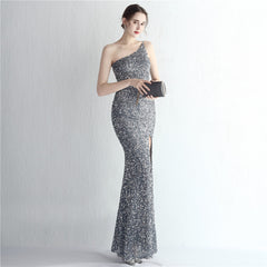One-Shoulder Sequined Fishtail Split Maxi Dress