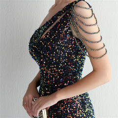 One-Shoulder Sequined Beaded Fishtail Maxi Dress