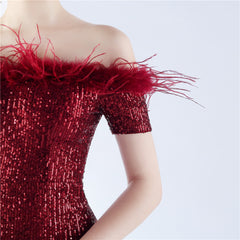 Off-Shoulder Ostrich Feather Sequin Maxi Dress