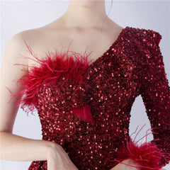 One-Shoulder Ostrich Feather Sequin Maxi Dress