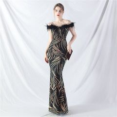 Off-Shoulder Backless Sequined Lace-Up Maxi Dress