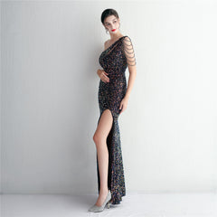 One-Shoulder Sequined Beaded Fishtail Maxi Dress