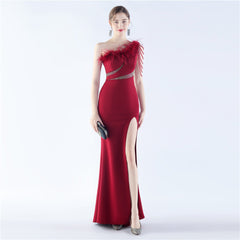One-Shoulder Rhinestone Diagonal Collar Maxi Dress