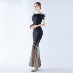 Off-Shoulder Ostrich Feather Sequin Maxi Dress