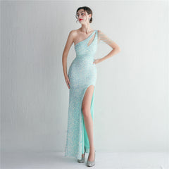 One-Shoulder Sequined Beaded Fishtail Maxi Dress