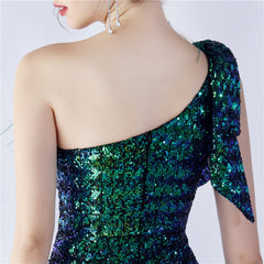 Sequined One-Shoulder Ostrich-Feather Maxi Dress