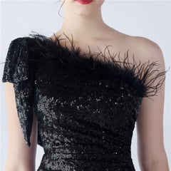 Sequined One-Shoulder Ostrich-Feather Maxi Dress