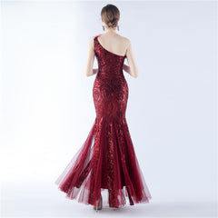 Ostrich Feather Sequined One-Shoulder Maxi Dress