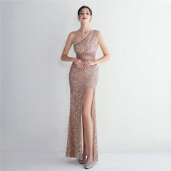 One-Shoulder Sequined Beaded Fishtail Maxi Dress