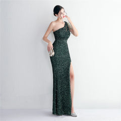 One-Shoulder Sequined Beaded Fishtail Maxi Dress