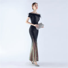 Off-Shoulder Ostrich Feather Sequin Maxi Dress