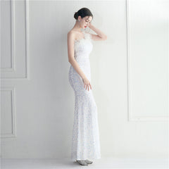 Ostrich Feather One-Shoulder Sequined Maxi Dress