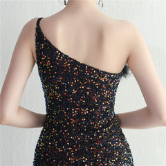 Ostrich Feather One-Shoulder Sequined Maxi Dress