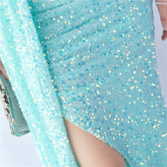 One-Shoulder Ostrich Feather Sequin Maxi Dress