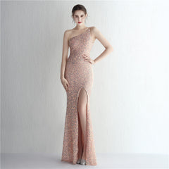 One-Shoulder Sequined Fishtail Split Maxi Dress