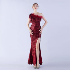 Sequined One-Shoulder Ostrich-Feather Maxi Dress