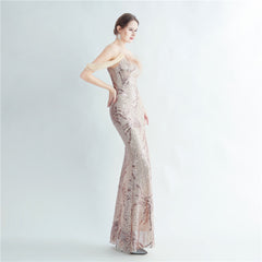 One-Shoulder Ostrich Feather Beaded Maxi Dress