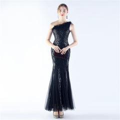 Ostrich Feather Sequined One-Shoulder Maxi Dress