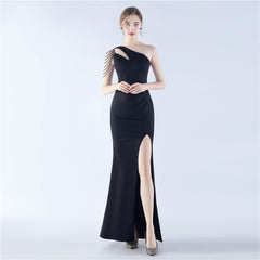 Beaded One-Shoulder Diagonal Collar Maxi Dress