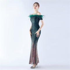 Off-Shoulder Ostrich Feather Sequin Maxi Dress