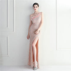 Ostrich Feather One-Shoulder Sequined Maxi Dress