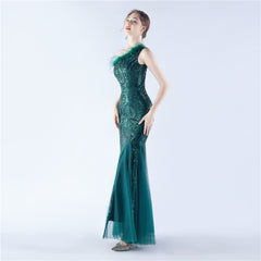 Ostrich Feather Sequined One-Shoulder Maxi Dress